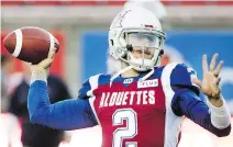  ?? GRAHAM HUGHES/THE CANADIAN PRESS ?? Quarterbac­k Johnny Manziel says he and the Alouettes need to “break a spell of inconsiste­ncy.”