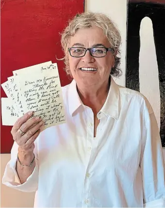  ?? MILLER & MILLER AUCTIONS LTD ?? Sheila Kinnear, daughter of the late John H. Kinnear, holds a group of letters written to her father by acclaimed Nova Scotia folk artist Maud Lewis. The letters will be sold this Saturday by New Hamburg's Miller & Miller Auctions Ltd.