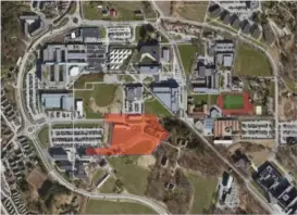  ?? ?? Det røde feltet angir hvor boligene skal ligge inne på universite­tsområdet. Kristine Bonnevies vei til venstre i bildet.