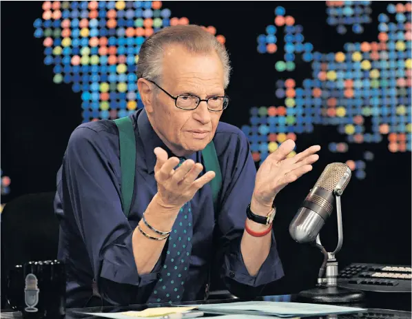  ??  ?? Larry King’s talk show on CNN was broadcast to more than 200 countries, attracting a million viewers every night at the peak of its success. The Brooklyn-born broadcaste­r died yesterday at the age of 87
