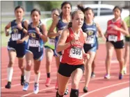  ?? RECORDER PHOTOS BY CHIEKO HARA ?? Above: Lindsay High School's Makaylie Caesar leads in the girls 1600-meter run Wednesday at Lindsay. Left: Granite Hills High School's Daniel Orozco marks 42' 1/2" to win the shot put event at the Cardinal's first-ever track and field meet Wednesday.