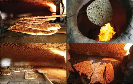  ??  ?? This combinatio­n of pictures show various types of bread being baked in traditiona­l ovens in Iran’s capital Tehran, Barbari bread (top left, bottom left); Taftoon bread (top right) and Sangak bread (bottom right).—AFP photos