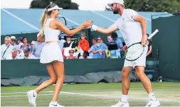  ??  ?? Luke Bambridge and Katie Boulter celebrate a point against during their mixed Doubles first round match against Andrei Vasilevski and Anastasia Rodionova. (Photo by Matthew Lewis/Getty Images)