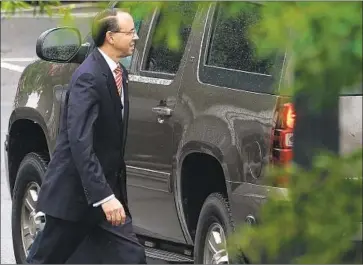  ?? Alex Wong Getty Images ?? DEPUTY ATTY. GEN. Rod Rosenstein leaves the White House on Monday. He is scheduled to meet with President Trump on Thursday. Rosenstein denies that he suggested secretly recording the president.