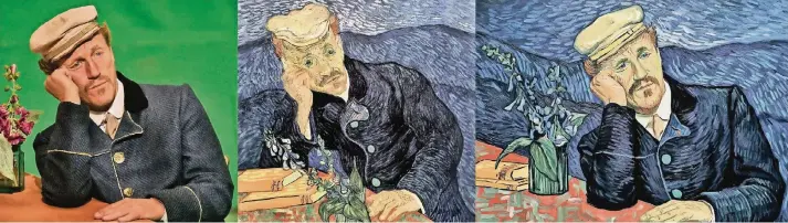  ?? FOTO: 2017 LOVING VINCENT SP.Z.O.O.&LOVING VINCENT LTD ?? Der Schauspiel­er Jerome Flynn spielt in „Loving Vincent“van Goghs Nervenarzt Dr. Gachet. Nach dem Dreh vor grüner Leinwand wurden die Szenen Bewegung um Bewegung in Öl übermalt. So entstanden Bilder, die sofort an das Original erinnern, deren Figuren...