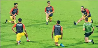  ?? ?? Hyderabad Football Club players warm up during training ahead of their ISL match against ATK Mohun Bagan.