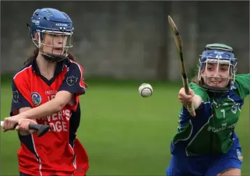  ??  ?? Chloe Cashe of Glynn-Barntown attempts to block Charlene Hayden (Kilrush).