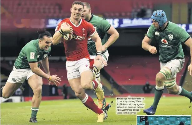  ??  ?? George North breaks to score a try during Wales’ Six Nations victory against Ireland on Sunday. Below, Rees-Zammit’s diving score in the corner