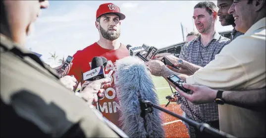  ?? MICHAEL ARES/PALM BEACH POST VIA AP ?? Washington Nationals right fielder Bryce Harper answers questions during an interview Saturday at West Palm Beach, Fla.