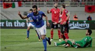  ?? Reuters ?? Italy’s Antonio Candreva celebrates after scoring the all-important goal against Albania. —