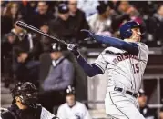  ?? Jonathan Daniel / Getty Images ?? The Astros’ Jason Castro watches his home run in the sixth inning disappear from sight Wednesday.