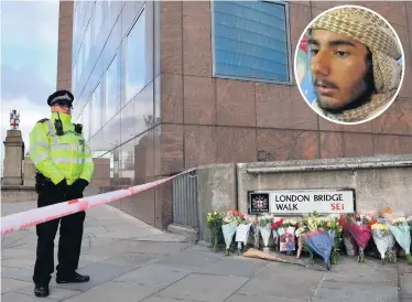  ??  ?? A police officer stands at a cordon beside floral tributes left close to London Bridge in the City of London and (inset) killer Usman Khan. Below: Jack Merritt and Saskia Jones, who were both fatally stabbed