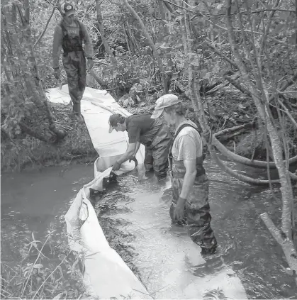  ?? SUBMITTED ?? Cascumpec Bay Watershed Associatio­n workers, from left, Brendan Shea, Alban Pineau and Clint Doucette set up a cofferdam to divert waterflow around a worksite.