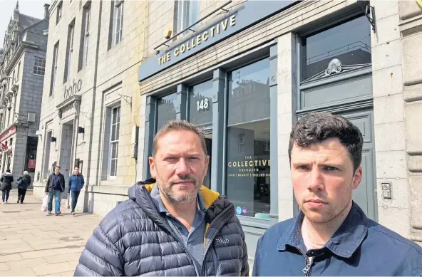  ?? ?? CALL FOR ACTION: MSP Douglas Lumsden, left, and Tory councillor Ryan Houghton outside recently closed salon, The Collective, in Union Street.