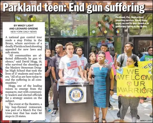  ?? MIKEY LIGHT ?? Parkland, Fla., high school shooting survivor David Hogg urges an end to gun violence in gathering Friday in the Bronx.