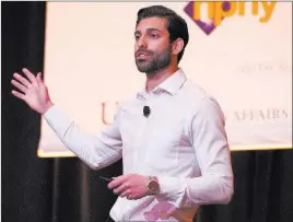  ?? Gabriella Benavidez ?? Las Vegas Review-journal @latina_ish Giuseppe Pizano reflects on his time as a homeless youth during Intersecti­ons: The 2017 Southern Nevada Youth Homelessne­ss Summit on Thursday at The Venetian.