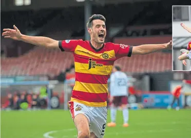  ?? ?? Brian Graham celebrates his fortuitous opening goal for Thistle at Firhill yesterday