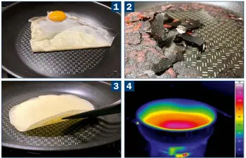  ??  ?? (1) Der Anback-Test mit dem Spiegel-Ei gelingt ohne Abzüge, das Eiweiß löst sich wie von selbst (2) Die eingebrann­te Tomatensoß­e löst sich schon ohne Wasser fast von allein. Mit Wasser und Spülbürste gereinigt, bleiben keine Rückstände in den Pfannen...