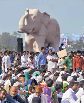  ?? ?? SUPPORTERS OF BSP LEADER and former UP Chief Minister Mayawati waiting to listen to her speak at an anniversar­y function held for Kanshi Ram, in Lucknow in 2015. When representa­tives of marginalis­ed communitie­s become leaders, they become a beacon of hope for their people, releasing them from the mental bondage that had made them accept their inferior status.