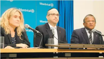  ?? PHOTO AGENCE QMI, SARAH DAOUST-BRAUN ?? La conseillèr­e de ville Karine Boivin Roy, le chef de l’opposition Lionel Perez et le maire de Saint-Laurent Alan DeSousa en conférence de presse hier à l’hôtel de ville.