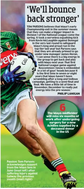  ??  ?? Passion: Tom Parsons acknowledg­es support from the Mayo fans in June (inset left) after suffering injury against Galway the previous month (inset right)