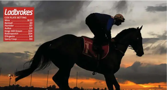  ?? Photo: Vince Caligiuri/Getty Images ?? PERFECT PREPARATIO­N: Hugh Bowman puts Cox Plate favourite Winx through her paces at Breakfast with the Best at Moonee Valley on Tuesday.