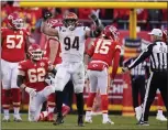  ?? PAUL SANCYA — THE ASSOCIATED PRESS ?? Bengals defensive end Sam Hubbard (94) celebrates after tackling Chiefs quarterbac­k Patrick Mahomes (15) in the AFC title game.