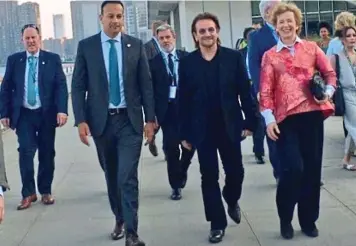  ??  ?? Flying the flag: Bono with Taoiseach Leo Varadkar and former president Mary Robinson in New York looking for a seat on the UN Security Council