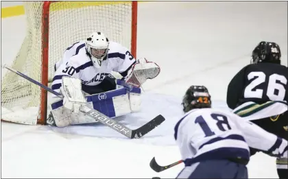  ?? RICH HUNDLEY III — FOR THE TRENTONIAN ?? Princeton goaltender Daniel Prokoshin (30) readies himself to make a save against Hopewell Valley/Montgomery during a CVC ice hockey game.