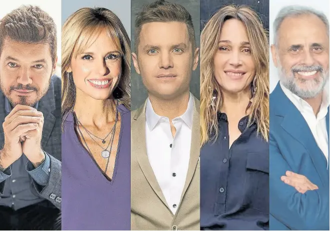  ??  ?? Marcelo Tinelli, Mariana Fabbiani, Santiago del Moro, Verónica Lozano y Jorge Rial: una batalla por el rating con ganadores y perdedores