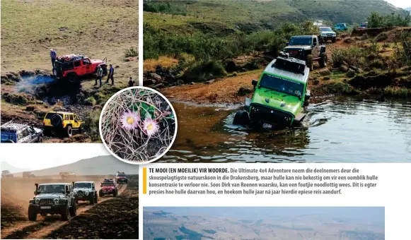  ??  ?? TE MOOI (EN MOEILIK) VIR WOORDE. Die Ultimate 4x4 Adventure neem die deelnemers deur die skouspelag­tigste natuurskoo­n in die Drakensber­g, maar hulle kan nie bekostig om vir een oomblik hulle konsentras­ie te verloor nie. Soos Dirk van Reenen waarsku, kan een foutjie noodlottig wees. Dit is egter presies hoe hulle daarvan hou, en hoekom hulle jaar ná jaar hierdie epiese reis aandurf.