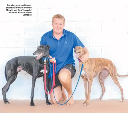  ??  ?? Darwin greyhound trainer Steele Bolton with Porsche Monelli and Tom Tzouvelis’ Sunburst. Picture: Glenn Campbell