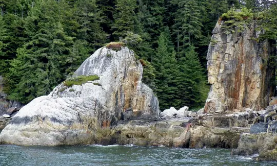  ??  ?? Clockwise from above: Killer Whale Rock is on the left, and the face of Indian Rock is on the right; a bald eagle in flight; mama bear (left) still had her two cubs with her in their second year, but they would be leaving her in their third year to strike out on their own.