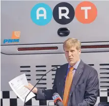  ?? JIM THOMPSON/JOURNAL ?? Mayor Tim Keller talks about letters between the city and Federal Transit Administra­tion that show no money was promised by the federal agency for the ART project.