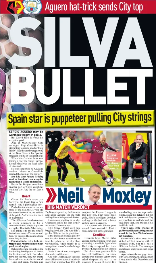  ??  ?? ELUSIVE: Silva gives Watford the slip as Guardiola looks on