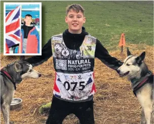  ??  ?? Alfie Blyth-Russell with his dogs and (inset) flying the flag after winning the World Sleddog Championsh­ip