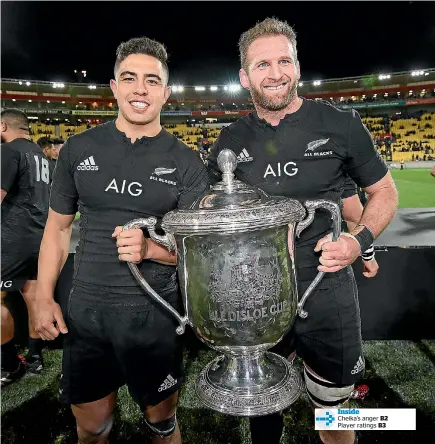  ?? GETTY IMAGES ?? Debutant Anton Lienert-Brown holds the Bledisloe Cup with captain Kieran Read last night.