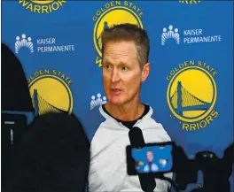  ?? DOUG DURAN — BAY AREA NEWS GROUP FILE ?? Golden State Warriors head coach Steve Kerr answers questions during an end-of-season press conference in Oakland on June 14, 2019.