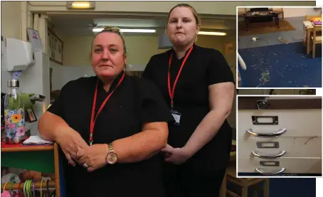  ?? PICTURES: COLIN MEARNS ?? Cardonald Nursery manager Maggie McGuire and her deputy Kirsty Whittaker-Stone, and inset, glass on the floor and blood on a filing cabinet