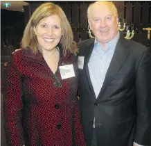  ??  ?? Calgary Herald columnist Licia Corbella and Alpine Insurance board chair Ken Hughes were among the hundreds of guests at Boyden Global Executive Search’s Guinness & Green St. Patrick’s Day bash.