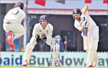  ?? BCCI ?? Rohit Sharma drives one through the covers during his 161 on Day 1 of the second Test against England in Chennai on Saturday.