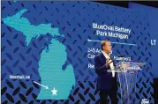  ?? CARLOS OSORIO/ASSOCIATED PRESS ?? On Monday in Romulus, Michigan, Ford Motor Co. Executive Chairman Bill Ford announces the automaker’s new BlueOval Battery Park planned about 100 miles west of Detroit.