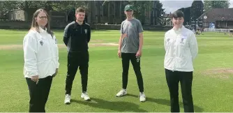  ??  ?? Pictured at the toss, left to right, are Yvonne Dolphin-Cooper, Downend captain Brandon Gilmour, Bedminster skipper George Drissell and Anna Harris