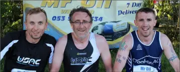  ??  ?? The first three men home in the Novice county road race in Camross on Friday (from left): Martin Majeski (United Striders, second), George Delaney (United Striders, first), and William Keogh (Croghan, third).