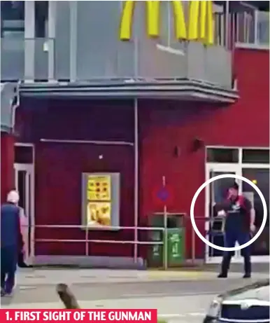  ??  ?? The terrorist, circled, is seen coolly preparing to fire his weapon outside a McDonald’s at the mall 1. FIRST SIGHT OF THE GUNMAN