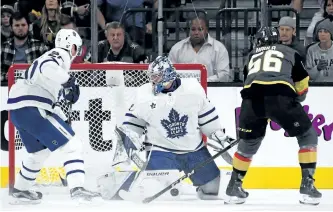  ?? GETTY IMAGES ?? Toronto goalie Frederik Andersen blocks a shot by Erik Haula of the Vegas Golden Knights on Sunday. Andersen was one of the few Leafs to be on his game against Vegas.