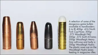  ??  ?? A selection of some of the dangerous game bullets available to handloader­s: (L to R) 400gr .416 North Fork Cup-Nose; 300gr .375 Woodleigh FMJ; 300gr .375 Swift A-Frame; 300gr Woodleigh Heavy Duty soft-nose and lastly a 300gr Woodleigh Hydro. The plastic nose cup on the Woodleigh Hydro eases feeding in magazine rifles.