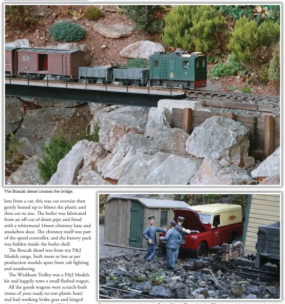  ??  ?? The Boxcab diesel crosses the bridge.
The Loco crew crowded round a Series 2 Land Rover that the ST department had commandeer­ed, as is normal once you open the bonnet, it soon attracts the experts!