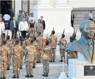  ?? /DoC ?? Attention: Parliament­ary staff supervise dress rehearsals at Parliament on Thursday, ahead of the state of the nation address by President Jacob Zuma.