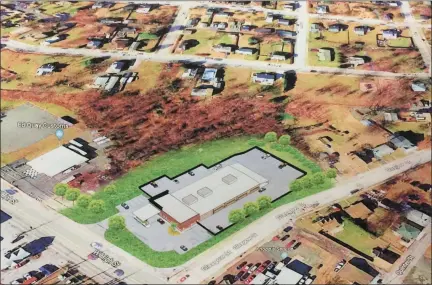  ?? EVAN BRANDT — MEDIANEWS GROUP ?? An artist’s rendering of the lay-out of the proposed Caliber Collision is superimpos­ed on an aerial photo of the corner of Glasgow and West High Streets at the western border of Pottstown Borough.